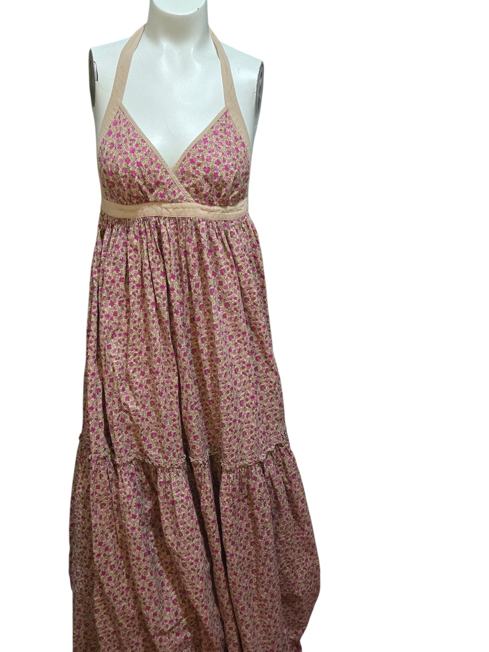 Moda International Pink Floral Halter Maxi Dress XS Empire Waist Tiered